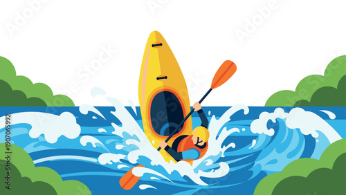 Adventurous kayaker navigating rapids in vibrant nature