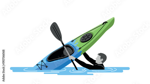 Colorful kayaking adventure with man in capsizing kayak on water