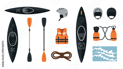 Kayaking equipment set with paddles, helmets, and safety gear