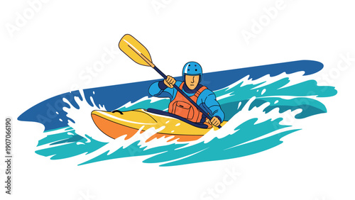 Adventurous kayaker navigating rough waves in dynamic cartoon style