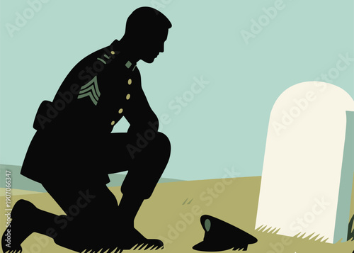 Silhouette of Soldiers Praying at the Grave Illustrator Artwork Creative Design Template 