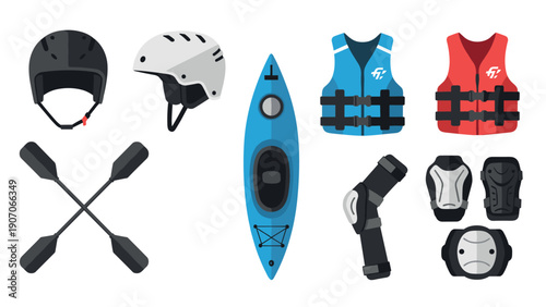 Essential kayaking gear collection with helmets, paddles, and safety equipment