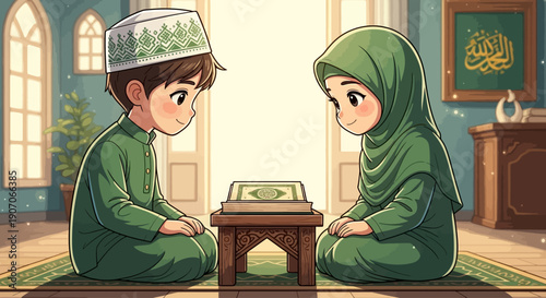 This heartwarming digital illustration features a cheerful cartoon child, dressed in traditional attire, happily holding a small Qur'an, symbolizing spiritual learning during Ramadhan. 