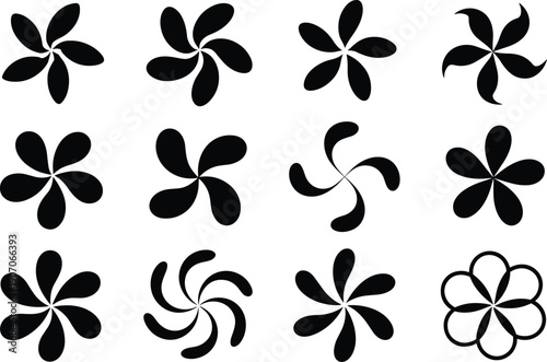 Black and white abstract flower icon set featuring radial petal designs, pinwheel shapes, and stylized floral patterns for decorative, design, and creative graphics