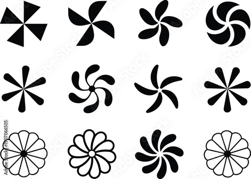 Black and white abstract pinwheel icon set featuring geometric flower shapes, radial petal designs, and stylized decorative patterns for creative, design, and art graphics