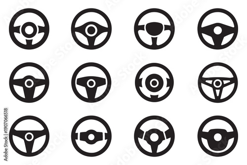 Vector car steering wheel icon set for automotive industry marketing and digital dashboard user interface