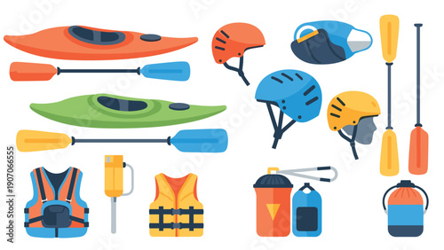 Essential kayaking gear set including helmets, paddles, and life vests in flat style