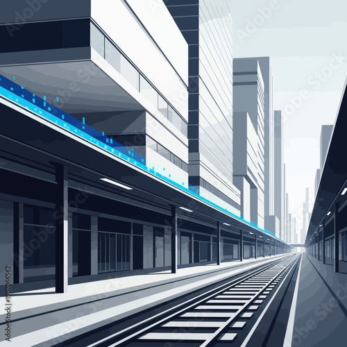 Modern Train Station Platform with Skyscrapers.