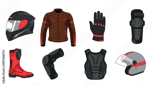 Motorcycle gear set: helmet, jacket, gloves, boots, and armor in flat design