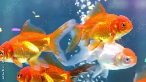 A vibrant school of bright orange and white goldfish swims gracefully in clear blue water, with tiny bubbles rising.