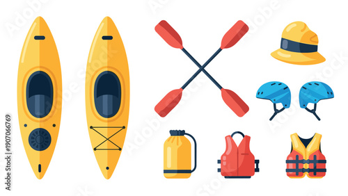 Kayaking equipment set with life vests, helmets, paddles, and kayaks in flat design