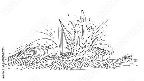 Sailboat battling rough seas in dynamic line art