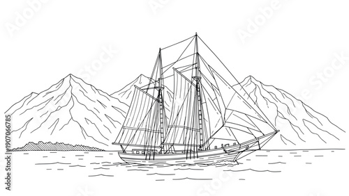 Sailboat with sails and mountain range in black and white outline art