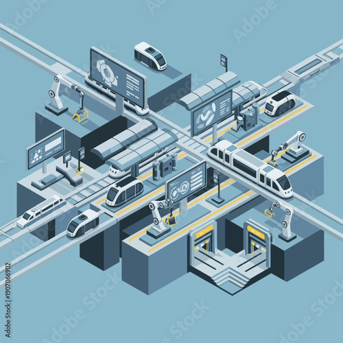 Futuristic Transportation Hub with Self Driving Cars.