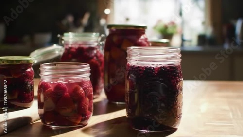 Homemade preserved fruits and berries in glass jars on a wooden table, kitchen background