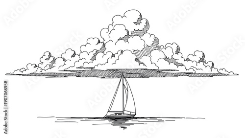 Hand drawn sailboat under dramatic cloudy sky with reflections on water