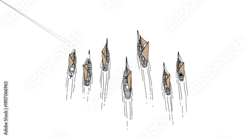 Minimalist overhead view of speeding boats on water