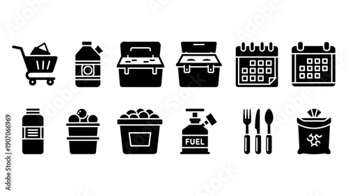 Modern silhouette icons of shopping, food storage, and calendar elements