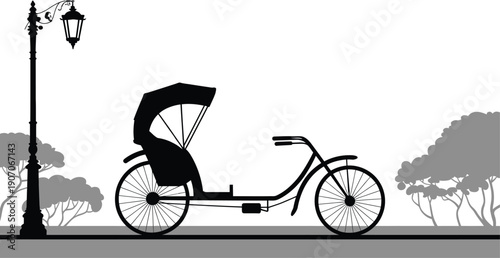 Rickshaw Silhouette with Lamp Post and Silhouetted Trees