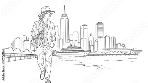 Urban stroll by the waterfront with city skyline and luxury yacht in monochrome linear art