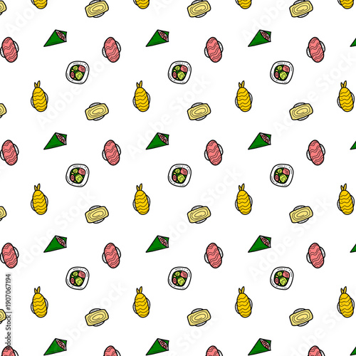Seamless pattern of hand drawn sushi variety such as rolls, sashimi, tamago sushi, and temaki rolls