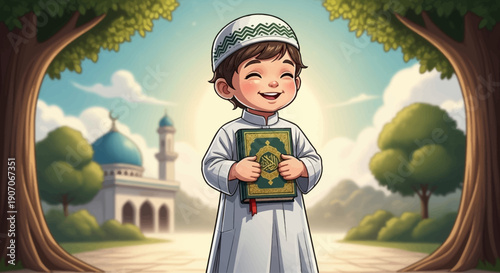 This heartwarming digital illustration features a cheerful cartoon child, dressed in traditional attire, happily holding a small Qur'an, symbolizing spiritual learning during Ramadhan. 
