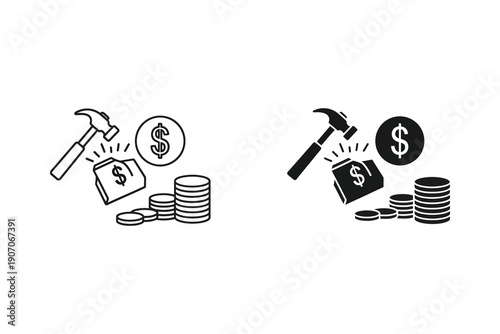 Hammer hitting dollar sign coins and money bags vector illustration