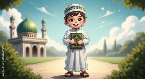 This heartwarming digital illustration features a cheerful cartoon child, dressed in traditional attire, happily holding a small Qur'an, symbolizing spiritual learning during Ramadhan. 