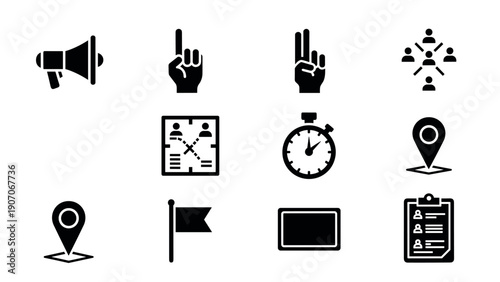 Black silhouette icons for business and communication with megaphone, stopwatch, and location pins