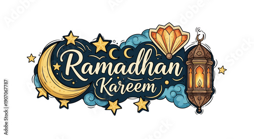 A beautifully composed digital illustration featuring "Ramadhan Kareem" calligraphy integrated with charming cartoon elements like a crescent moon and fanoos lantern. 