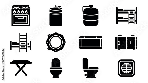 Home and kitchen icons set: stove, bed, toilet, tank, fan, and more in bold silhouette style