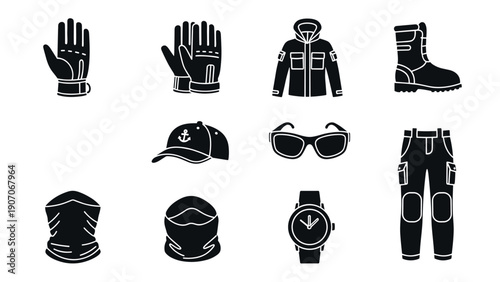 Outdoor adventure gear icons: gloves, jacket, boots, and more in bold silhouette style