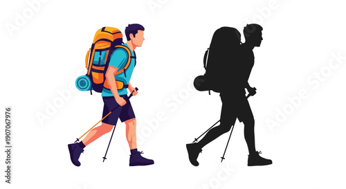 Hikers with backpacks a colorful illustration and its silhouette