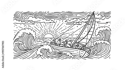 Sailing adventure in stormy seas with sketched sunrise in line art style