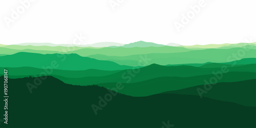 Vector Abstract layered silhouettes of rolling mountain ridges, creating verdant landscape across the horizon. Depicting a vast, tranquil, and untouched scene.