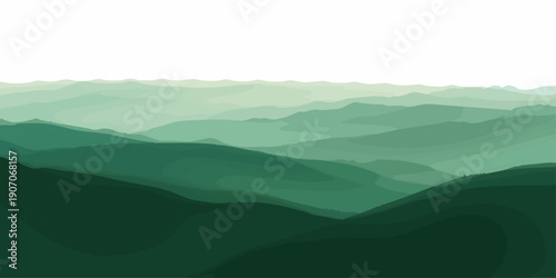Vector Serene vista featuring rolling emerald mountains, enveloped in mist, creating a sense of depth, serenity, and vastness. The blurred details evoke peace and tranquil ambiance. 