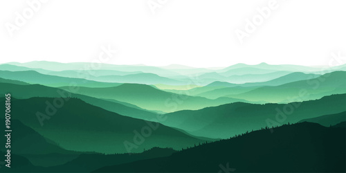 Vector Panoramic vista of layered, rolling mountain ridges, creating a gradient effect of varying emerald tones. An abstract representation of nature's grandeur, invoking tranquility. 