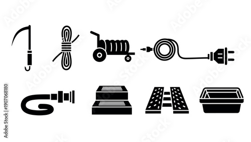 Silhouette garden tools and equipment icons set for modern design projects