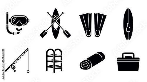 Diving and water sports icons: snorkeling, paddle boarding, and swimming gear silhouettes