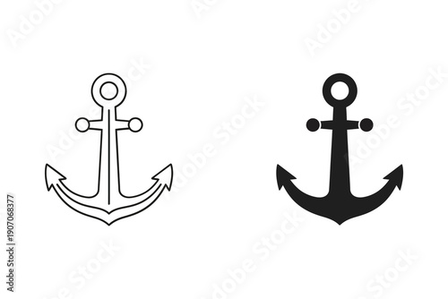 Anchor Symbol in Outline and Solid Black Vector Illustration Flat Design