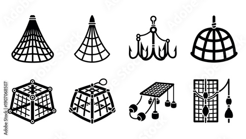Collection of diverse fishing tools and equipment icons in black silhouette style
