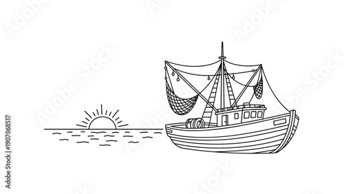 Fishing boat at sunrise with minimalist black and white outline design