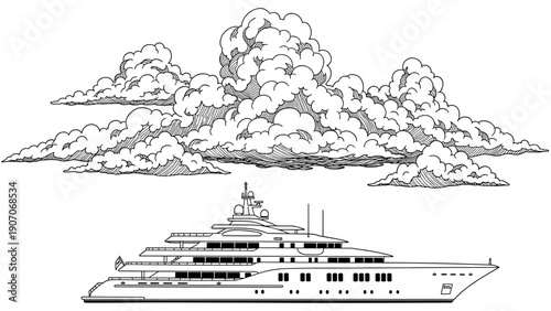 Luxurious yacht under elaborate cloudy sky in elegant outline drawing