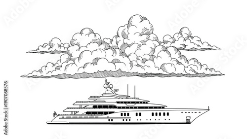 Monochrome yacht with cloudscape: classic ocean liner drawing in detailed black and white style