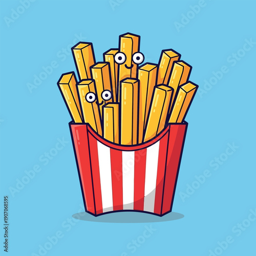 Cartoon illustration of a red and white striped container filled with anthropomorphic french fries with eyes on a solid blue background.