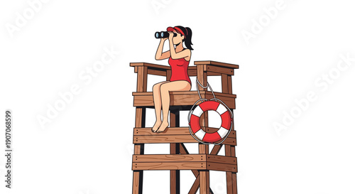A female lifeguard sits in a wooden chair overlooking a beach