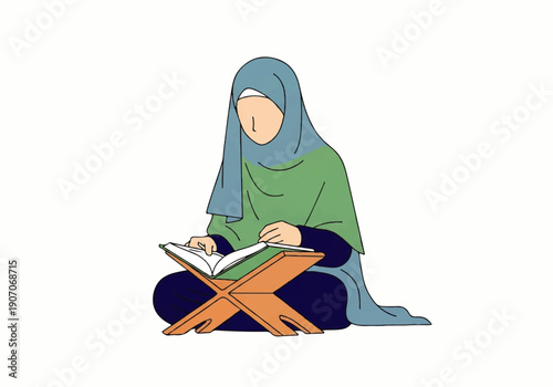 A woman wearing a hijab sits cross-legged on the floor reading a book from a wooden lectern in a flat design illustration vector.