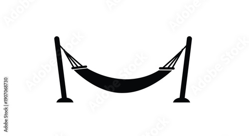 Simple black and white illustration of a hammock between two posts