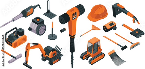 Isometric construction equipment illustration, industrial tool collection, heavy machinery icons, workshop vector assets for building projects