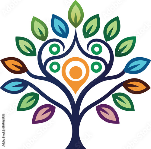 Symmetrical Tree of Life with Colorful Leaves Vector Icon